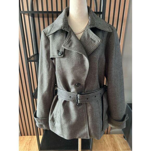 BANANA REPUBLIC Women's Belted Houndstooth Lined Mid Length Fall Coat sz L - Picture 1 of 7